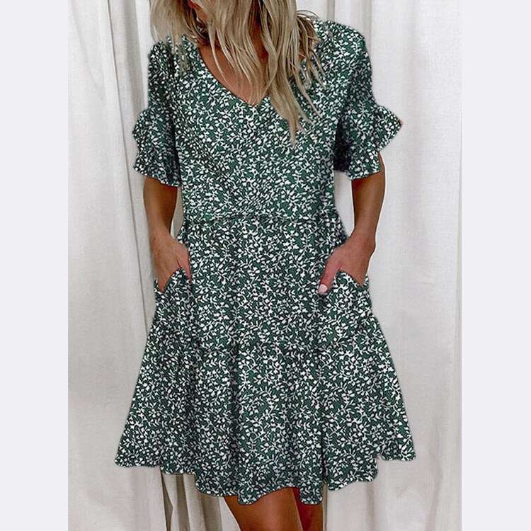 2021 European and American women's short print ruffle pocket dress for women 2024 new casual versatile fashion clothing