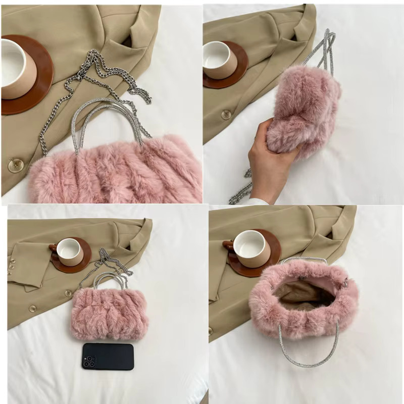 New Faux Fur Ladies Shoulder Bags Soft Plush Female Evening Clutch Purse Handbags Fashion Chain Women Small Crossbody Bag