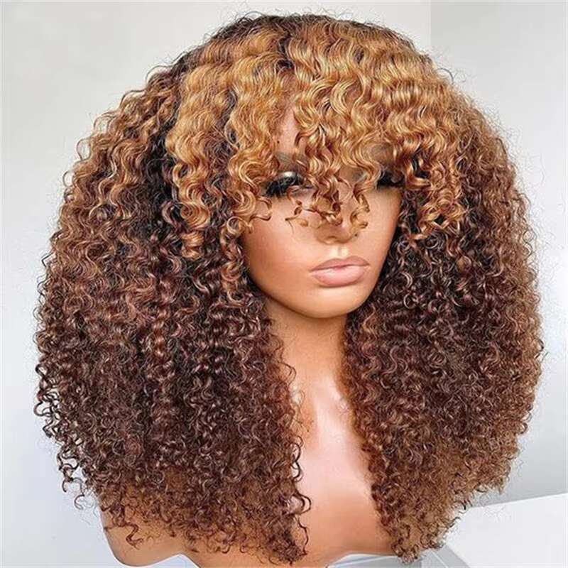Glueless 26Inch Soft Long Ombre Blond 180Density Kinky Curly Hine For Women With Bangs Baby Hair Preplucked Daily Wig