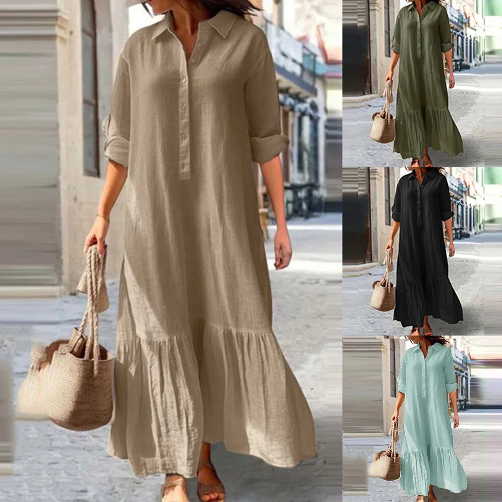 2024 Summer Cotton Linen Women Dress Black Loose Long Sve Shirt Dresses Fe Summer Casual Oversize Ele Clothes LadiesXJ2500207