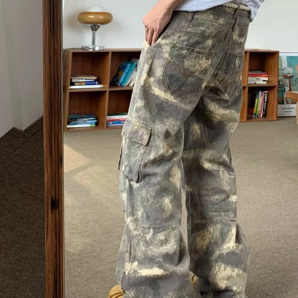 Autumn Camouflage Overalls men Clothing Cotton Drawstring Casual Baggy Pants Loose Wide-Leg Trousers Pantalones y2k homme 250206