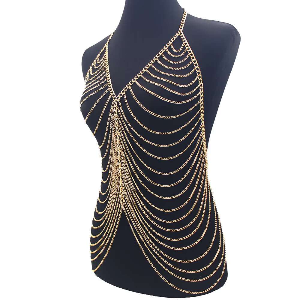 Sexy Metal Chain Dress For Women Fashion Bg Nightclub Backless Adjustable Body Chains Bra Festival Clothing Jewelry