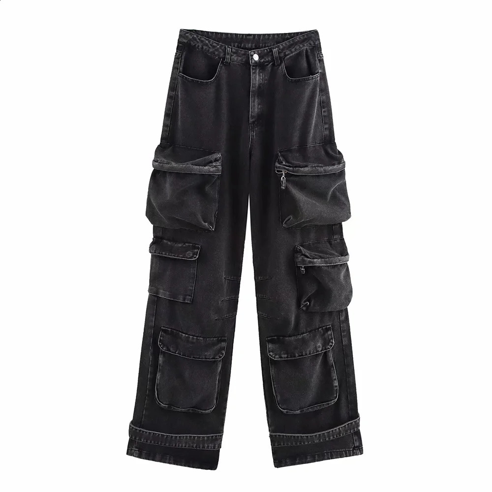 Selling Star Blue Black Two Color High Waist Pocket n Women Loose Solid Long Demin Pants ZATT Winter 250206