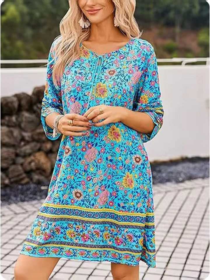 7 Colors Vintage Printed Dress Womens Round Neck Mid Sve Dresses Summer High Street Vacation Mini Dress RobeXJ2500207