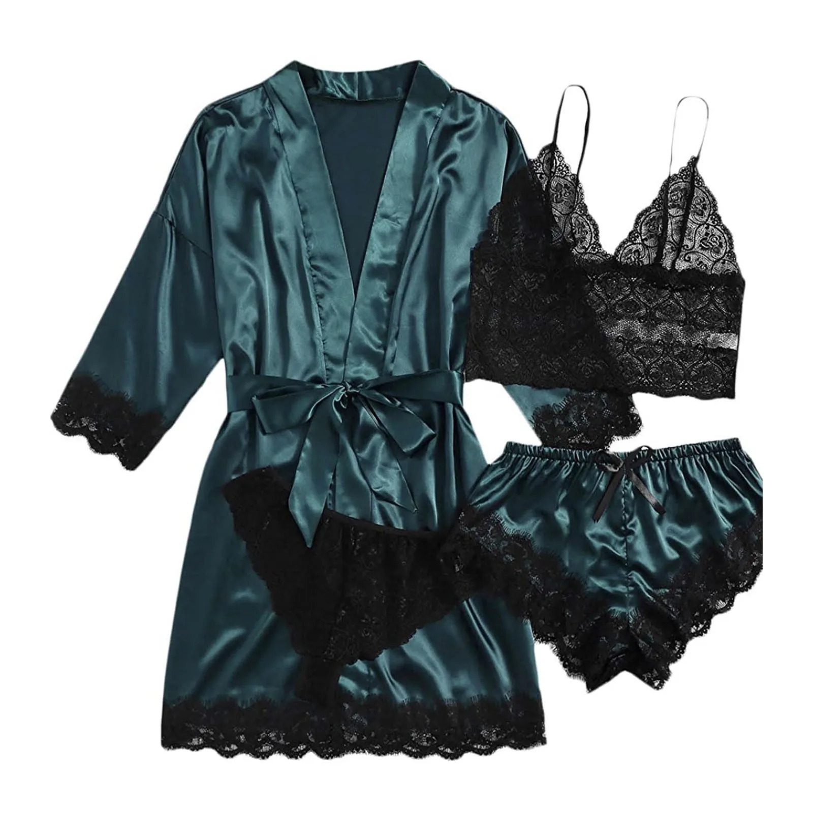 Women Silk Satin Pajamas Set 4pcs Lingerie Floral Lace Sleepwear With Robe Nightgown Long 250207