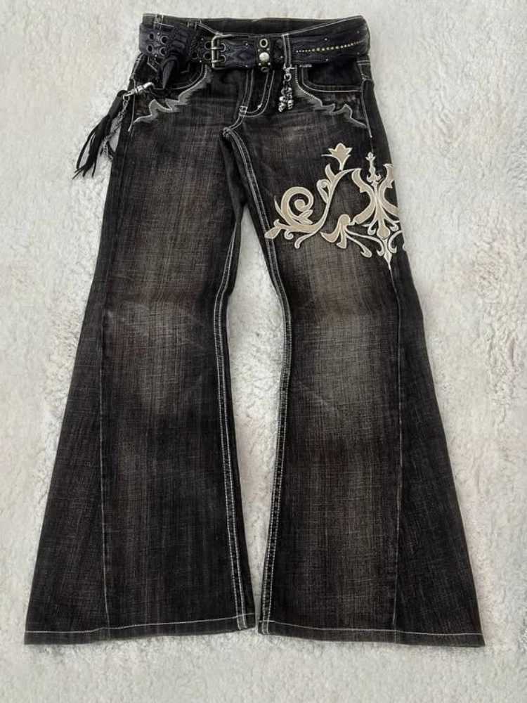 Y2K new american retro embroidery pattern women horn -shaped jeans strt fashion gothic slim mop pants women jeans W250207