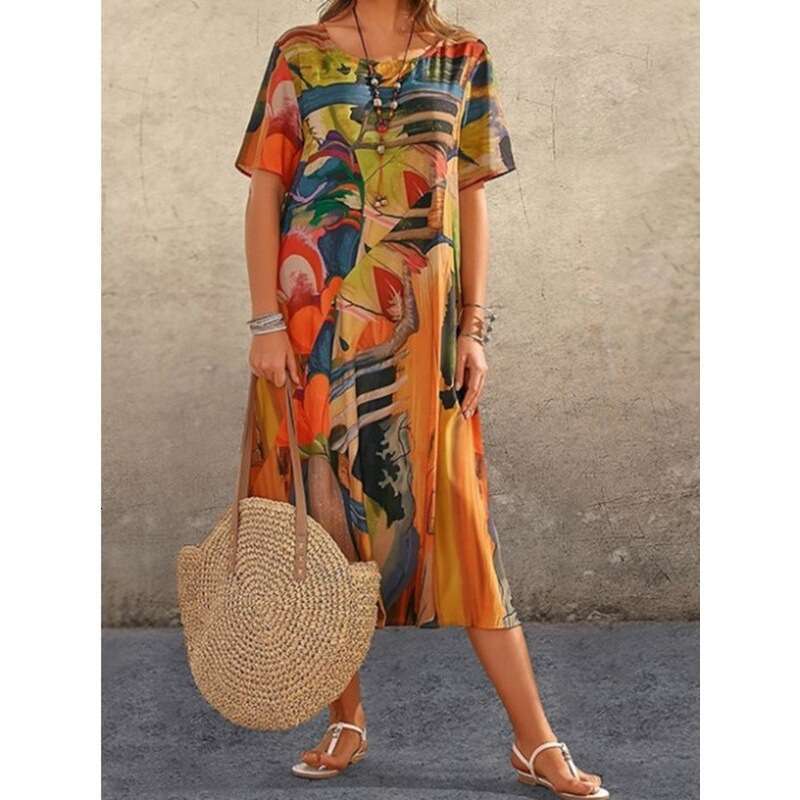 European and American printed dress summer short sleeved loose round neck wide skirt 2024 new casual fashion trend clothing