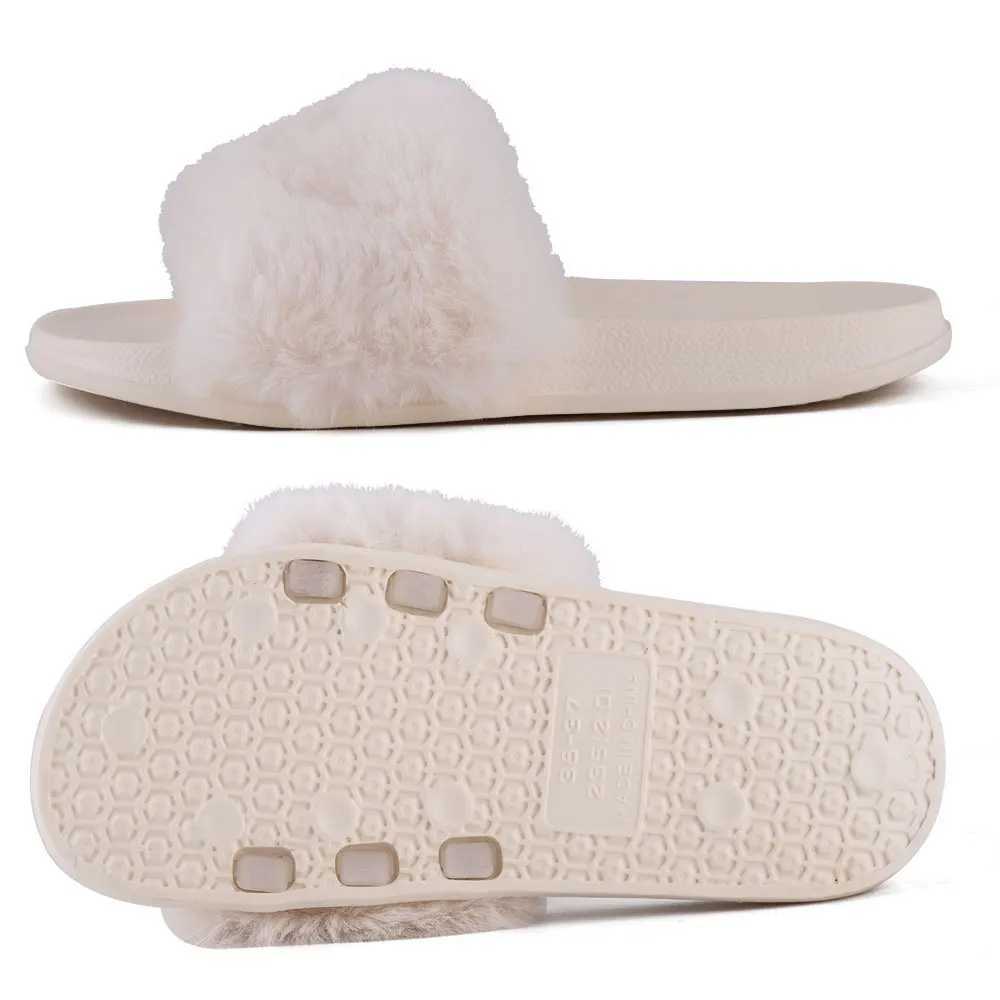 Summer indoor shoes ladies comfortable flat solid color open toe flip flops fake fur fox fur slippersXJ250207