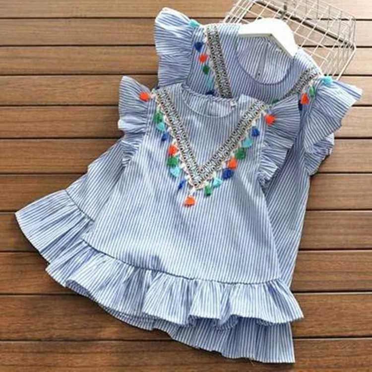 Tassel Flying Sleeve Girl Family Matching Clothes Mom And Daughter Dress Stripe Cute Mini Mother And Daughter Outfit Top Clothes W250207