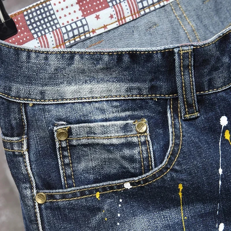 Summer Mens Jeans Trend Beggar Quarter Pants Ripped Denim Shorts Loose Straight Painted 250206