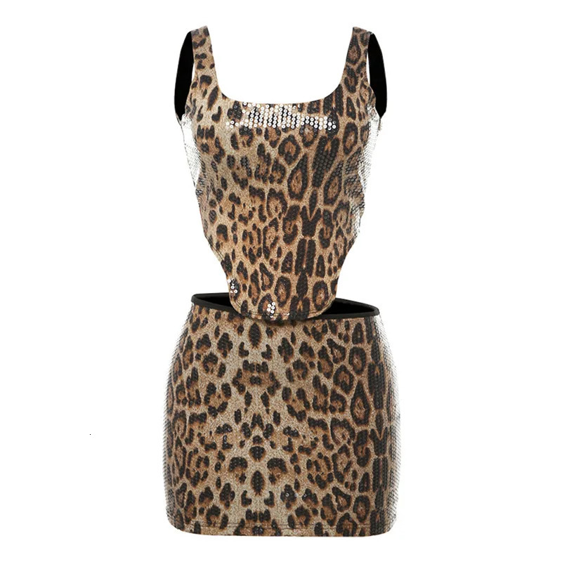 Leopard Print Sequin 2 Piece Set Backless Corset Top and Mini Skirt Sexy Club Outfits Women Summer Backless Skirt Tracksuits 250206