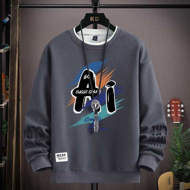 Autumn Mens Sweatshirt Trendy Printed Long Sleeve T-shirt Fashion Mens Clothing Khaki O Neck Harajuku Exclusive Design Top New W250207