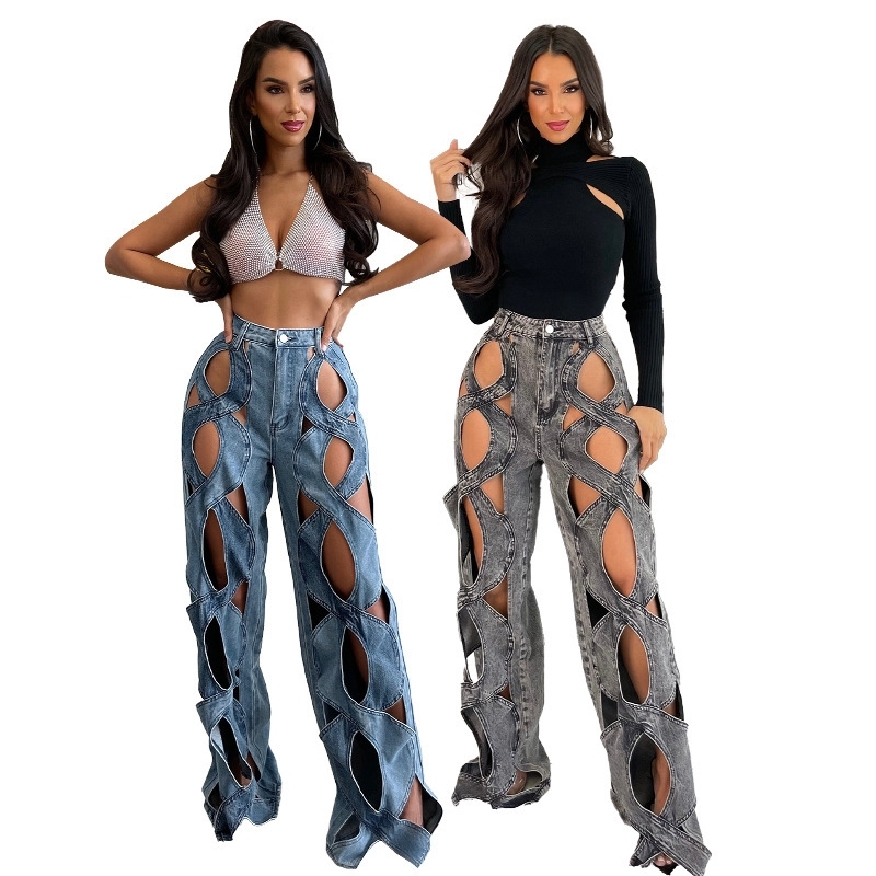 Womens Jeans Elastic Denim Fabric Personality Fried Dough Twists Hollow Loose Straight Jeans