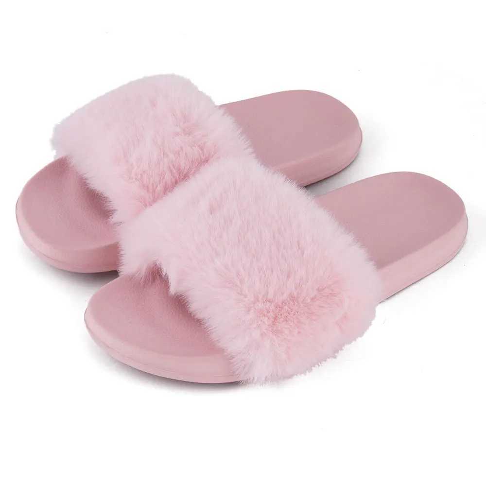 Summer indoor shoes ladies comfortable flat solid color open toe flip flops fake fur fox fur slippersXJ250207