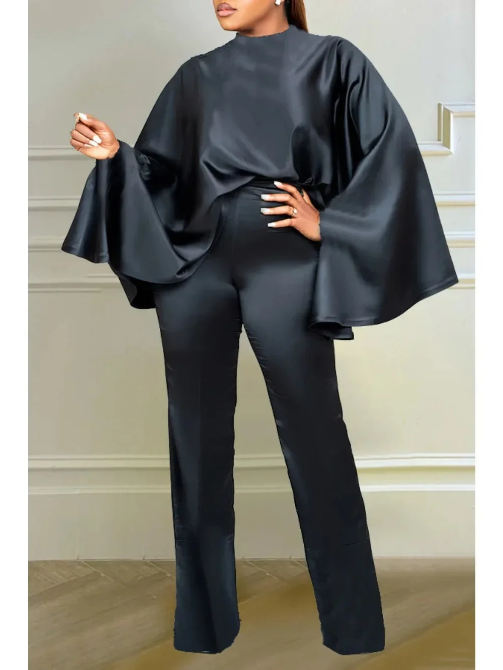 Winter Fashion Satin Two Piece Set African Women Elegant Solid Loose Batwing Sleeves Top Wide Leg Pants 250206