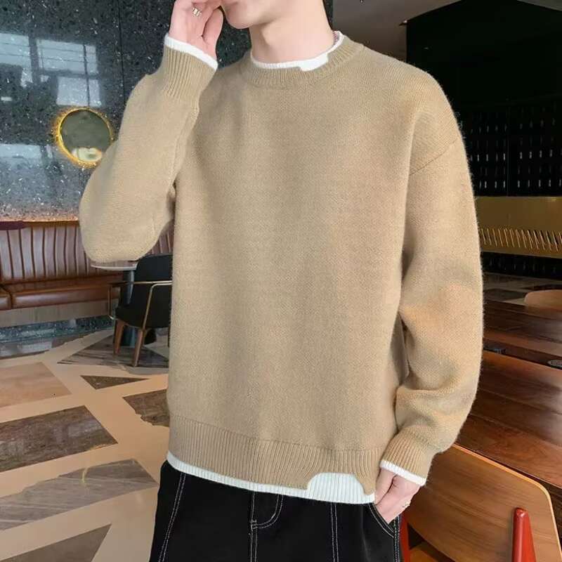 Knit Sweater Male Pullovers Round Collar Men's Clothing Crewneck Pink No Hoodie Spliced Warm Classic Knitwears Maletry Cotton X