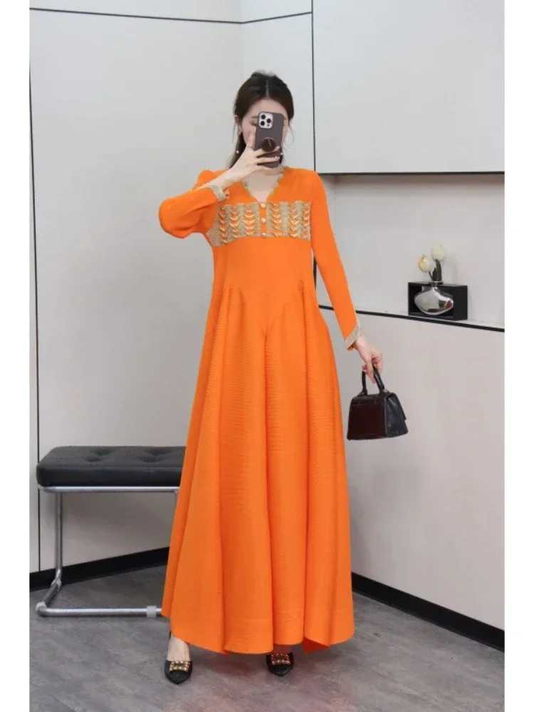 Pleated A Line Dresses For Women Evening Party Solid Full Sve V-neck Ele Lady New 2025 Spring Long Dress 2AN5190XJ2500207