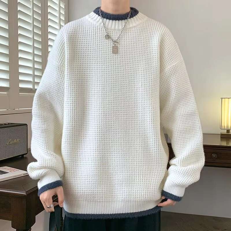 Autumn Winter New Fashion Round Neck Long Sleeve Solid Color Fake Two Pieces Pullovers Men's Clothing Trend Knitting Chic Tops