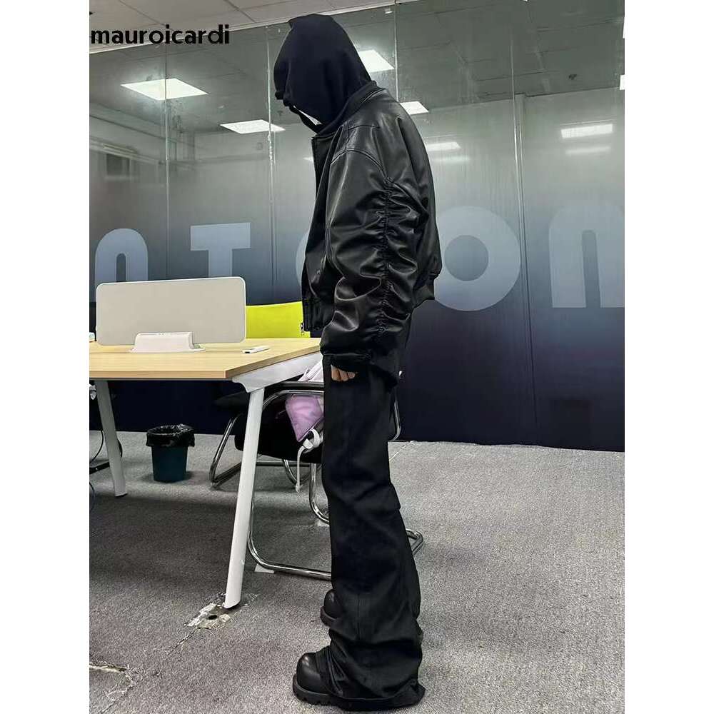 Men's Leather Jacket Mauroicardi Autumn Winter Oversized Cool Black Thickened Warm Pu Leather Bomber Jacket Men Hood Designer Fake 2 Clothes