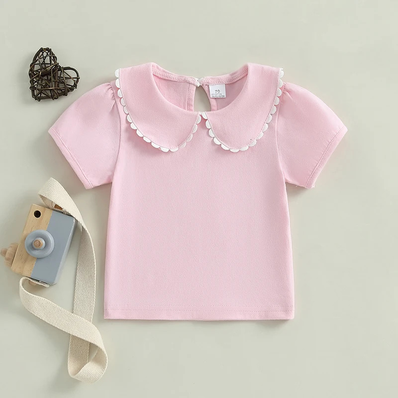 Adorable Baby Girl Summer T-Shirt with Cute Doll Collar and Stylish Contrast Color Short Sleeves for a Casual Look 250207