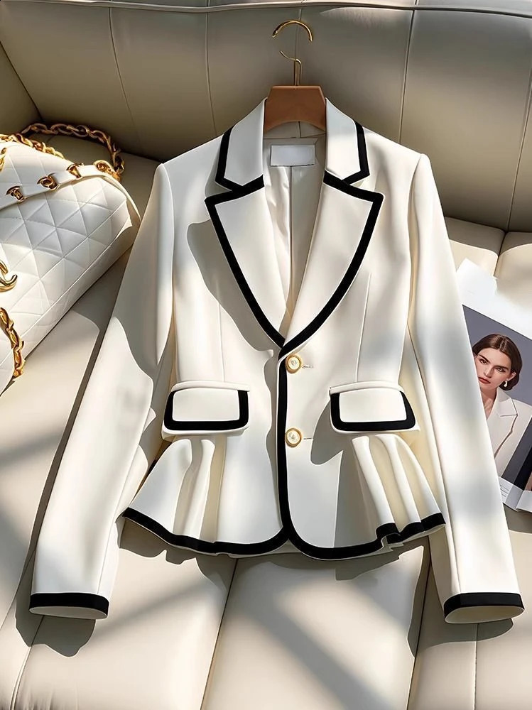 French Elegant Blazers Notched Collar Long Sleeve Ruffles Contrast Color Coats Spring Autumn Female Slim n Womens Clothing 250120