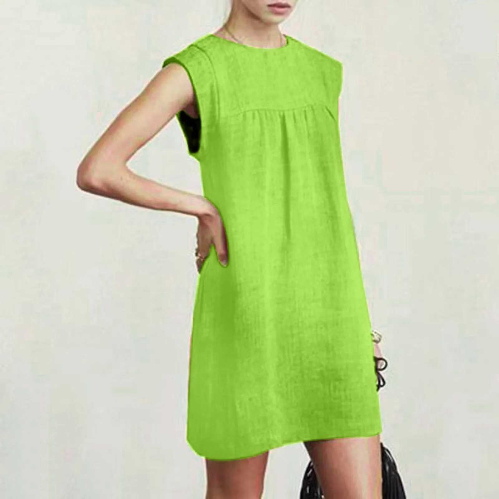 Summer Holiday Dress For Women Casual O Neck Sveless Solid Color Cotton Linen Folds Sundress Loose Vacation Beach Short DressXJ2500207