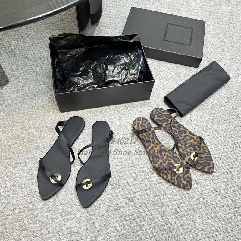 Slippers Brown Leopard Print Grosgrain Design Flat Pointed Peep Toe Strappy Sandals Elegant Casual Thong Strap Shoes