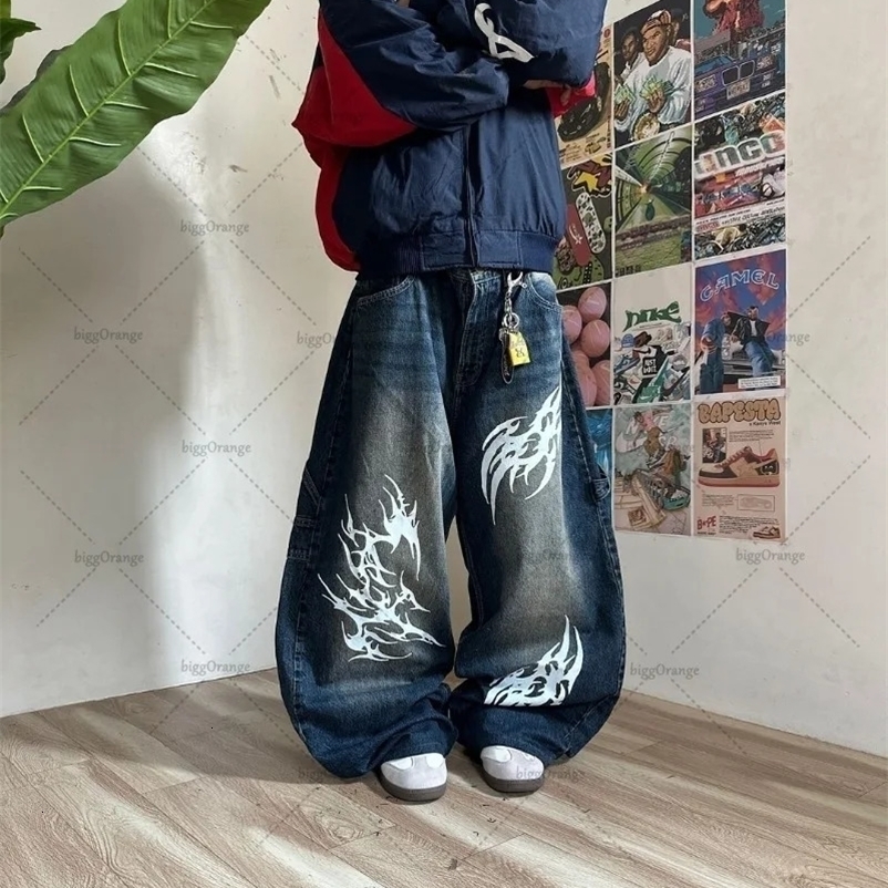 Y2K Korean Loose Jeans Harajuku Fashion Embroidered Pattern Hip-hop Versatile Denim Pants Straight Leg Casual Wide Leg Pants 250206