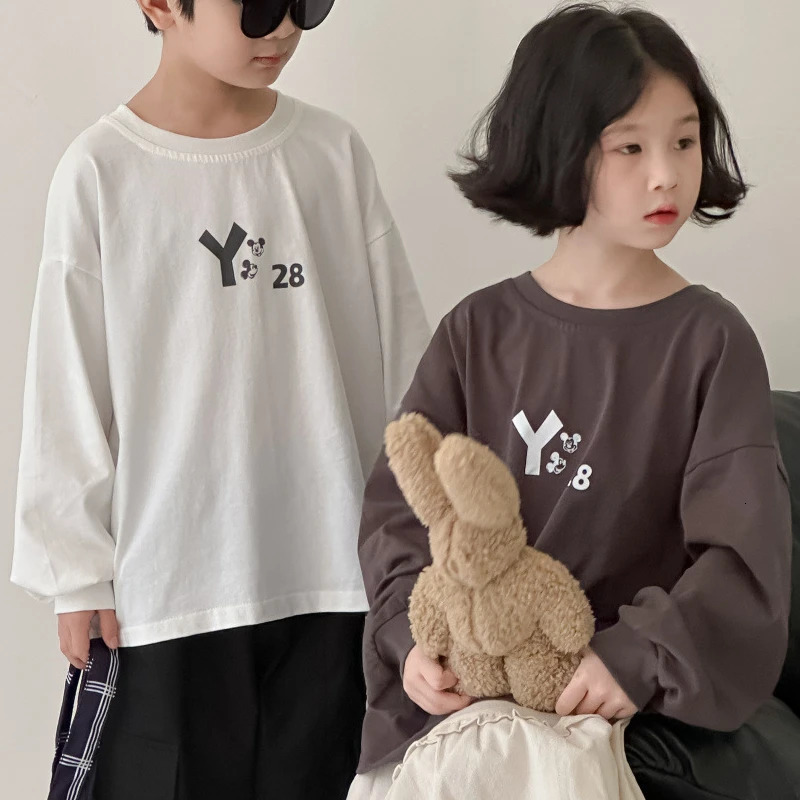 T-Shirt Boys Girls Autumn Korean Cartoon Letter Printing Round Neck Leisure Base Comfortable Cotton Active 250207