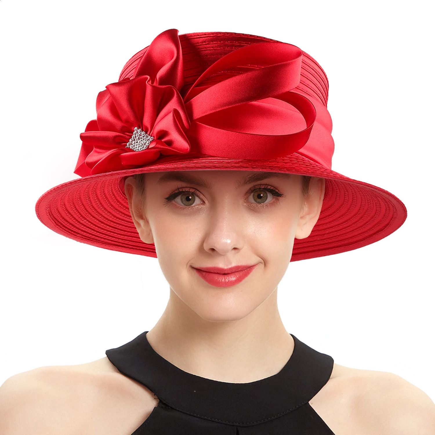 est Women Satin Cloth Flower Church Hat Elegant Pography Top Hat Fashion Female Banquet Fascinator Wedding Formal Hats 250207