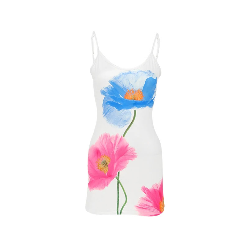 Sexy mini dress summer white fashionable Oneck printed sleeveless strapless casual ultrathin elegant 250206