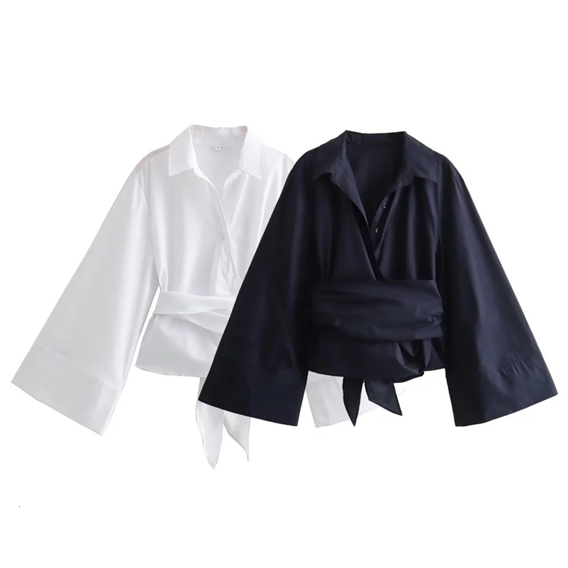 Womens Fashion Casual Polo Neck Bow Tie up Short Edition Double Breasted Poplin Shirt y250122