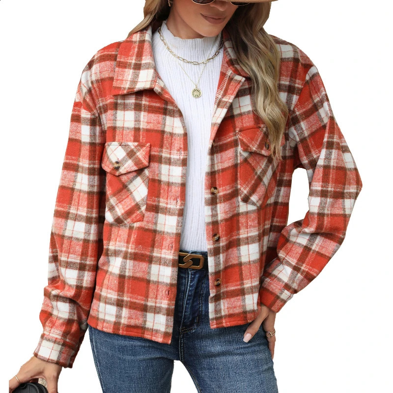 Style Lapel Plaid Button Loose Long Sleeve Woolen Jacket 250109Z