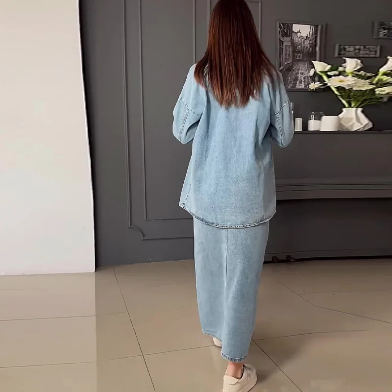 Two Piece Skirt Sets Women High Waist Long Denim Skirts Button Full Sleeve Splice Jeans Coats Pocket Lace Up Loose Fit 250207