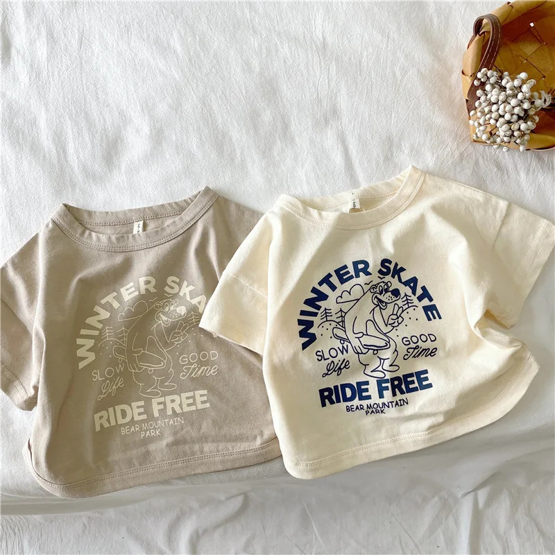 Summer Childrens Clothing cartoon letters short sleeve T-shirts Girls Boys Tees cotton loose Tops 250207