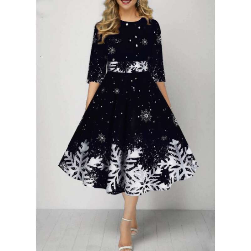 Christmas style European and American women's fashion personality snowflake digital printing mid sleeve waist cinched dress 2024 temperament vers