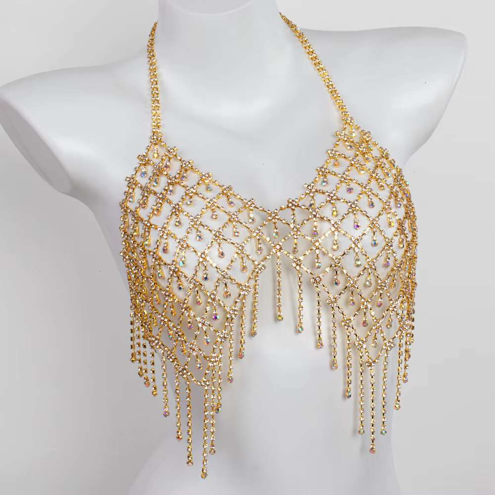 Sexy Mesh Tassel Bikini Style Rhies Bra And Underwear Two Piece Set Nightclub Body Chain