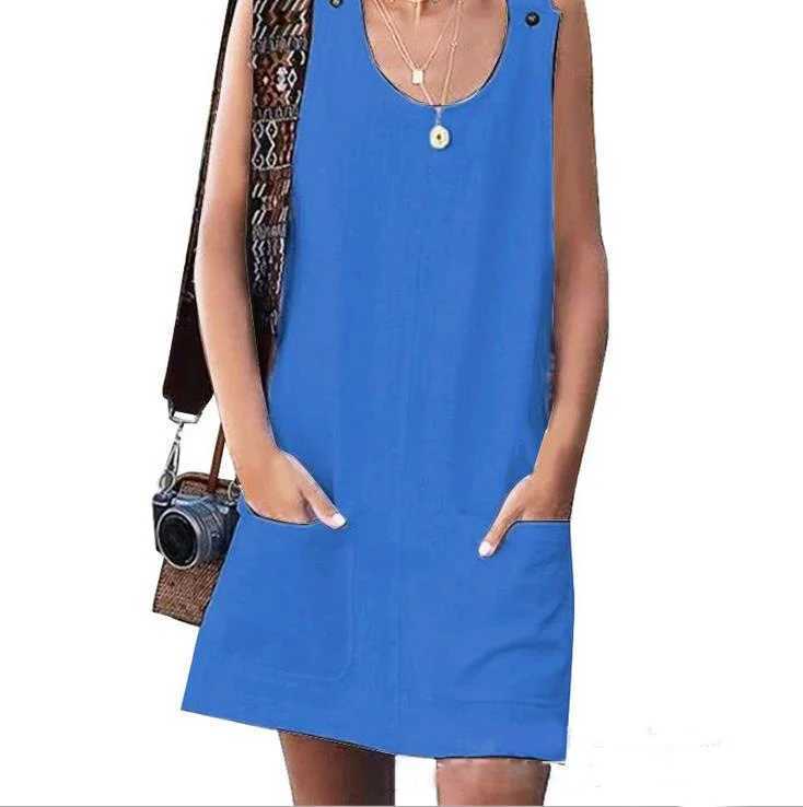 2023 Woman Summer Beach Dress Ele Solid Cotton Linen Sveless Long Tank Dress Casual Loose Party Pockets Sundress VestidosXJ2500207