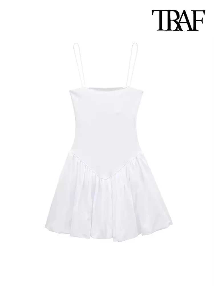 TR-Womens Patchwork Ribbed Poplin Puff Mini Dress Straight Neck Thin Straps Fe Dresses Sexy FashionXJ2500207