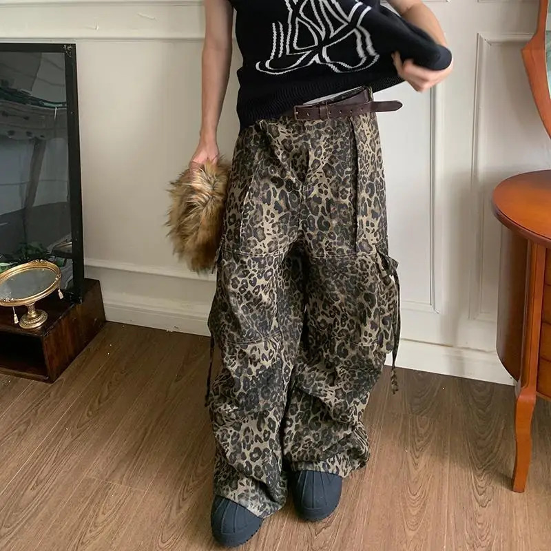 Leopard Cargo Pants Men Y2K Parachute Oversize Wide Leg Trousers Male Streetwear Hip Hop Harajuku Animal Print 250206