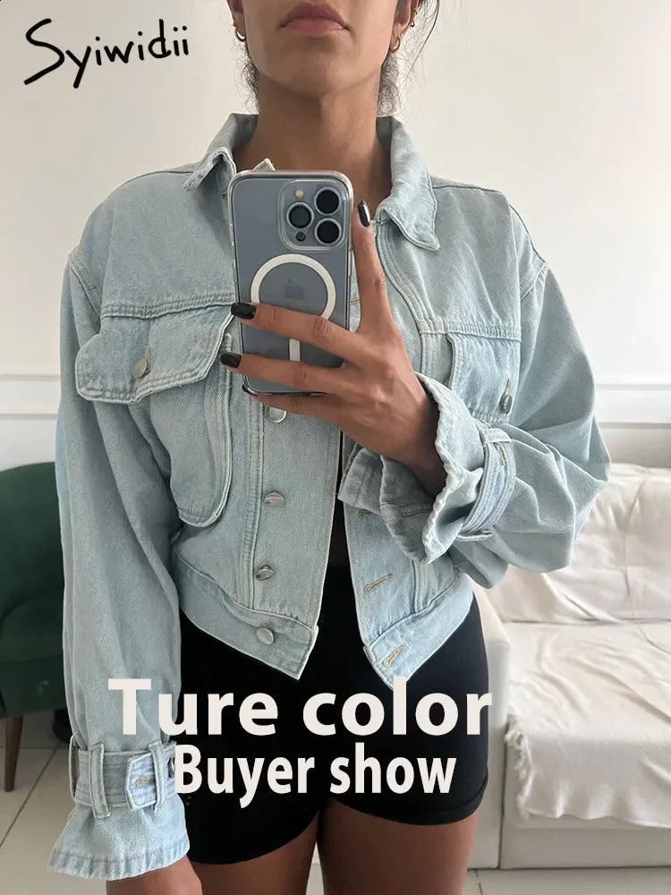 Syiwidii Denim Jacket for Women Loose Single Breasted Turn Down Collar Puff Sleeve Jean Jacket Vintage Korean Fashion Crop Coat 250121