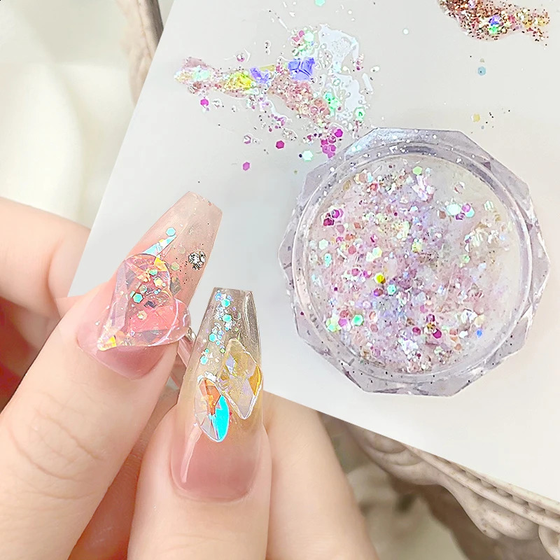 Mixed Shapes Sparkle Nail Glitter Sequins Star Heart Hexagon Translucent Pink White Flakes For Shining Decor 250115