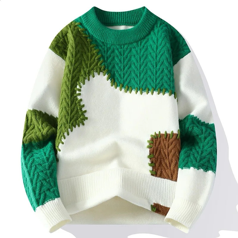 Winter Fashion Sweater Men Patchwork Casual Knit Pullovers Mens Thick Warm Harajuku Loose Knitted Sweaters O-Neck Streetwear Man 250206