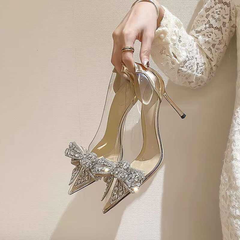 2022 Fashion Sliver Rhie Bow PVC Transparent Women Pumps Autumn Stiletto High Heels Sexy Bride Party Wedding Dress Shoes