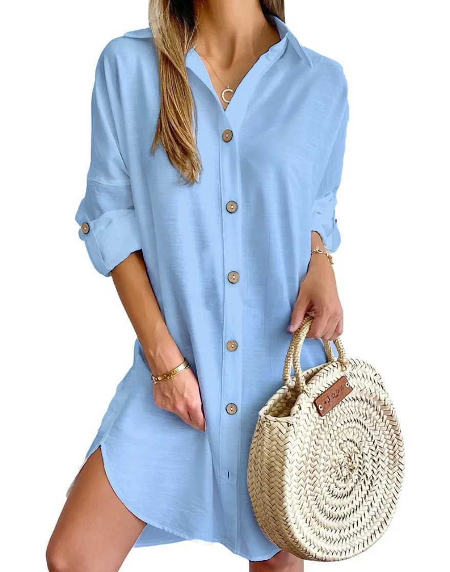 Womens Solid Color Dress 2024 Spring Summer Comting Style Casual Long Sve Button Up Shirt Dress Fashion Mini DressXJ2500207