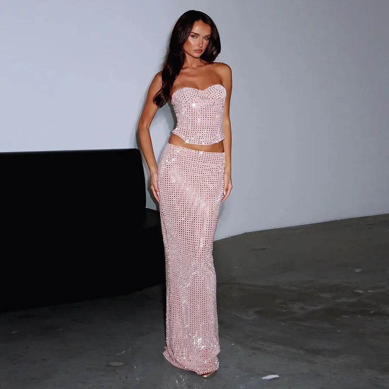 NIDANSSI Sequin Glitter Backless Evening Party Two Piece Set Strapless Top Long Skirt Women Set Elegant Summer 2 Piece Set Women 250206