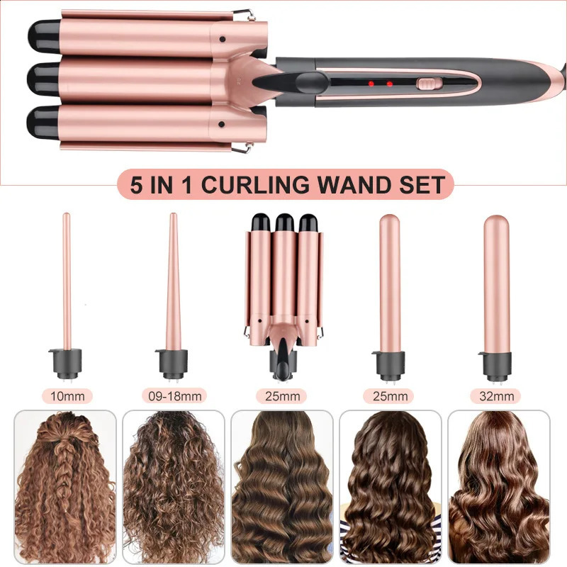 Hair Curler 5-In-1 Multifunctional Curling Iron Rose Gold Ceramic Triple Barrel Hair Styler Professional Hair Curlers Tools 250206