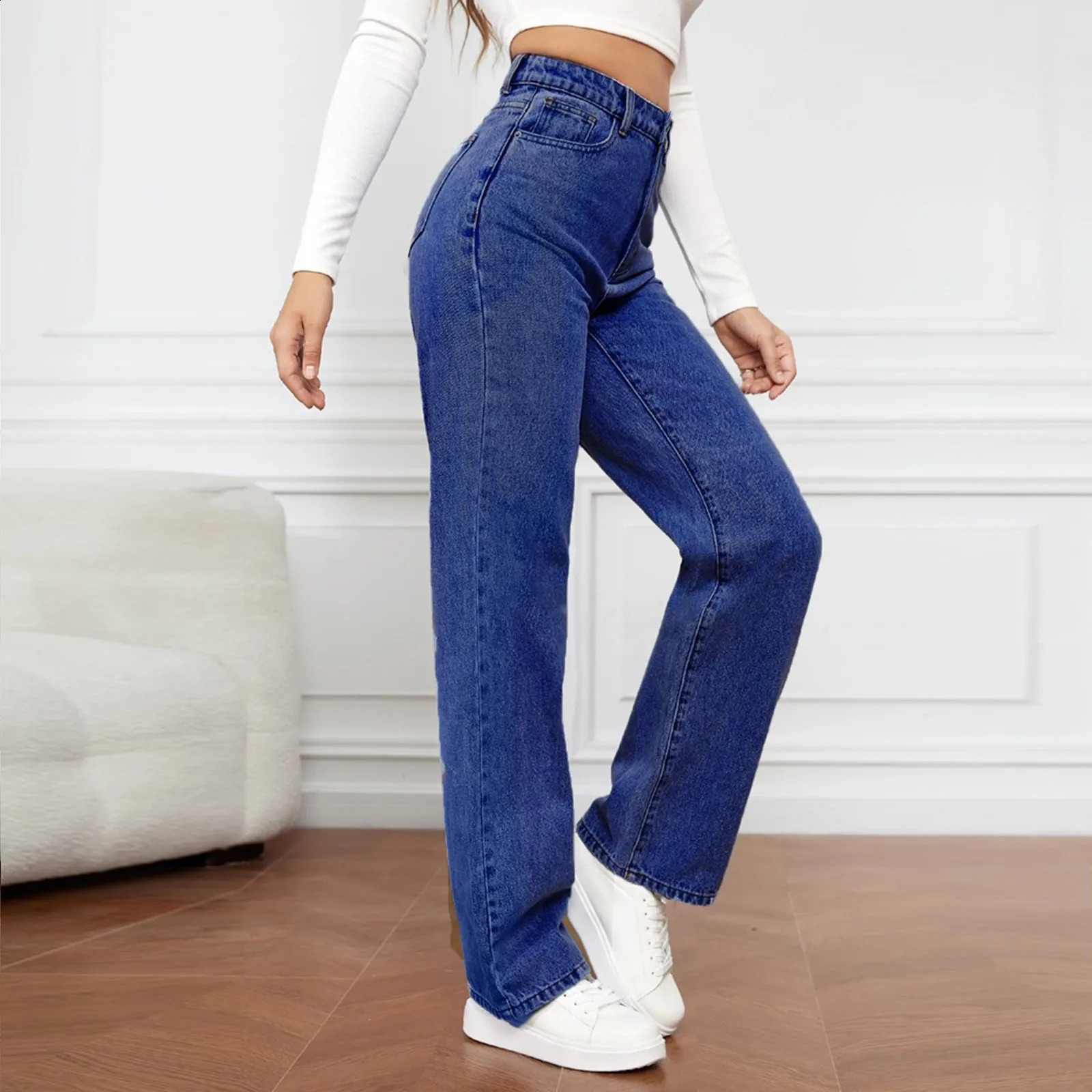 Womens High Waist Washed Jeans Fashionable Versatile European American Straight Leg Pants 2000s Clothes Y2k Baggy 250206