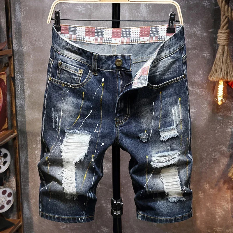 Summer Mens Jeans Trend Beggar Quarter Pants Ripped Denim Shorts Loose Straight Painted 250206