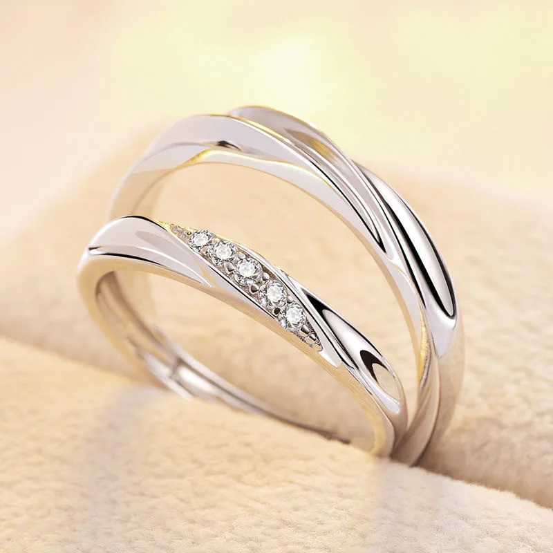 Korean Luxury Zircon Couple Ring For Women Men Silver Plated Love Forever Heart Adjustable Open Ring Wedding Anniversary Jewelry W250207